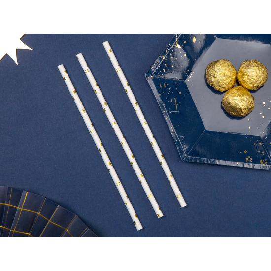 10 pajitas blancas con estrella doradas de papel para nochevieja - Happy New Year Collection
