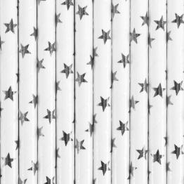 10 pajitas blancas con estrellas plateadas de papel