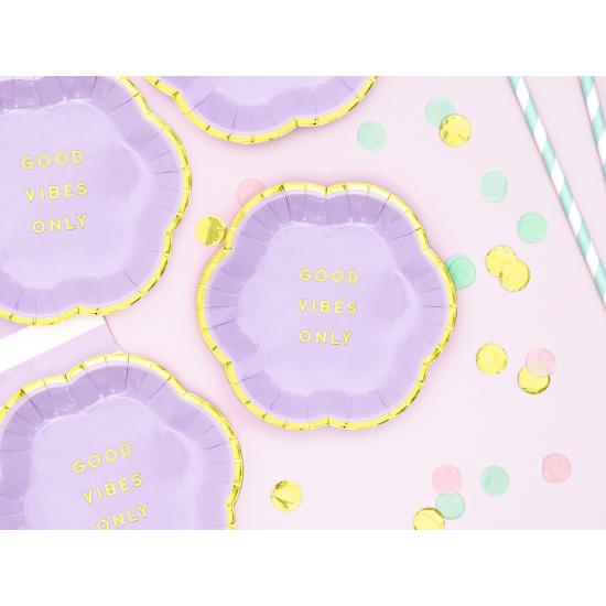 6 platos morados pastel con borde dorado "Good vibes only" de papel (13 cm) - Yummy