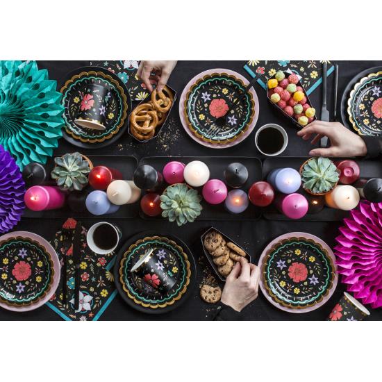 6 platos negros con flores multicolor de papel (18 cm) - Dia de Los Muertos Collection