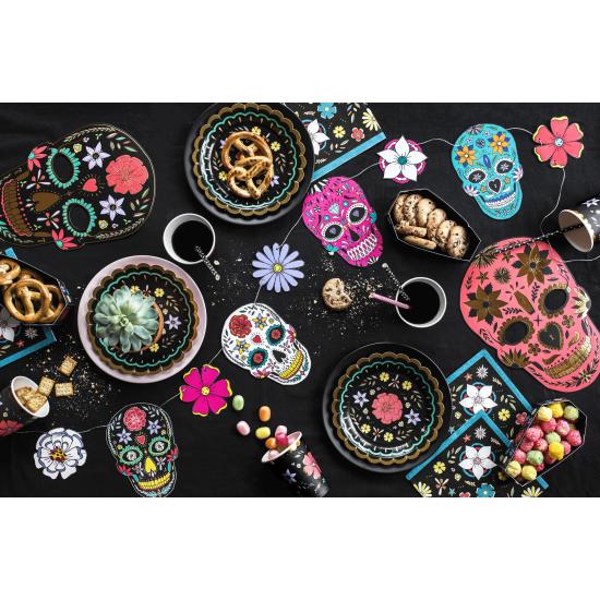 6 platos negros con flores multicolor de papel (18 cm) - Dia de Los Muertos Collection