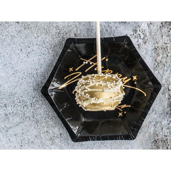 6 platos pentagonales negros y dorados "Happy New Year" de papel para nochevieja (12,5 cm) - New Year’s Eve Collection