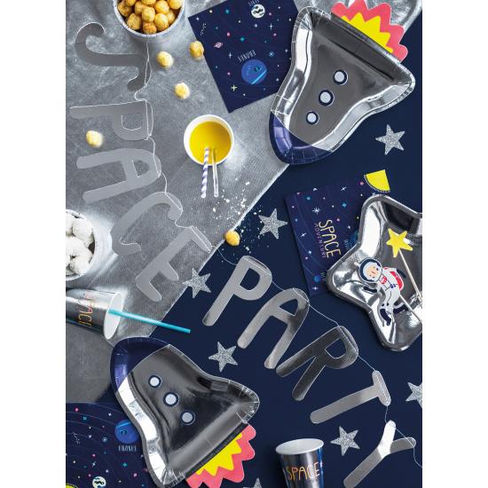 6 platos plateados con forma de cohete de papel (21,5x29,5 cm) - Space Party