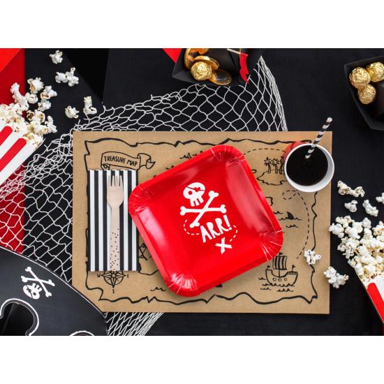 6 platos rojos cuadrados "Arr!" de papel (20 cm) - Pirates Party