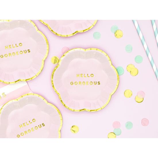 6 platos rosas pastel con borde dorado "Hello gorgeus" de papel (13 cm) - Yummy