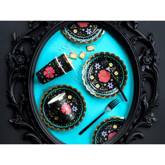 6 vasos negros con estampado de flores multicolor de papel - Dia de Los Muertos Collection