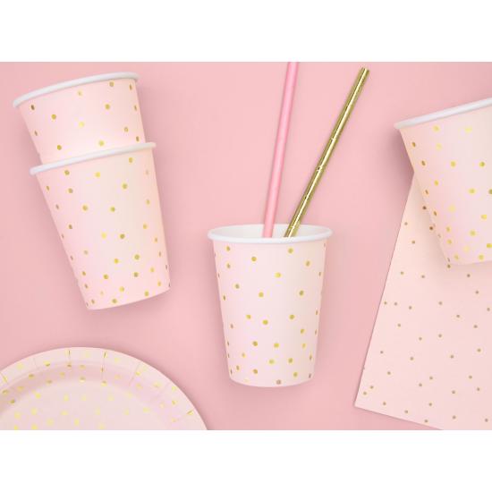 6 vasos rosas con lunares dorados de papel