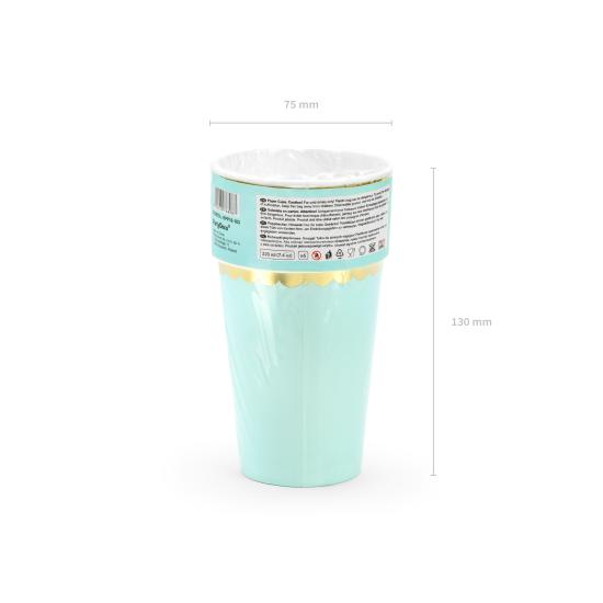 6 vasos verde menta pastel con borde dorado de papel - Yummy