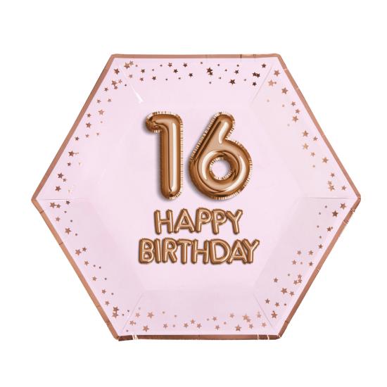 8 platos hexagonales "16 Happy Birthday" de papel (27 cm) - Glitz & Glamour Pink & Rose Gold