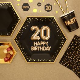 8 platos hexagonales "20 Happy Birthday" de papel (27 cm) - Glitz & Glamour Black & Gold