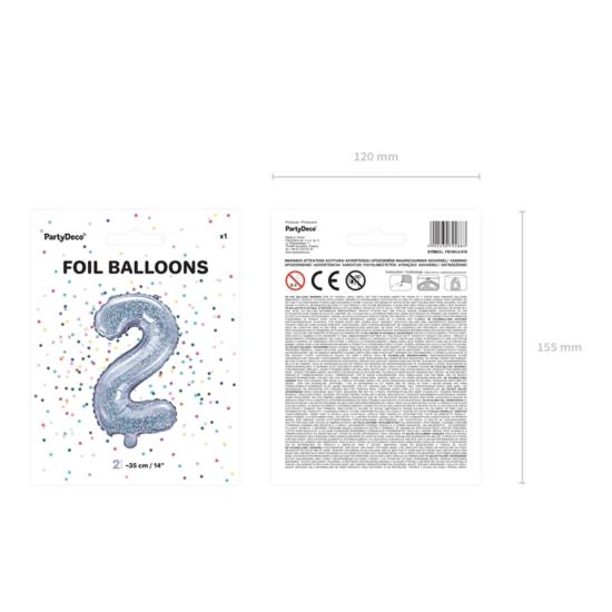 Globo foil "2" plateado con purpurina (35 cm)