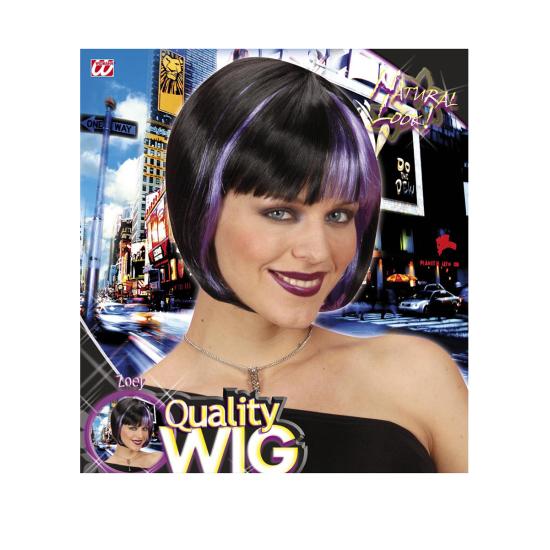 Peluca negra con mechas violetas para mujer