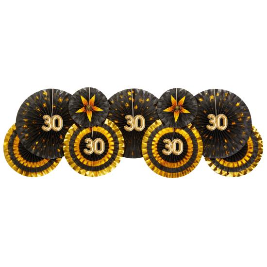 3 Abanicos de papel decorativos variados "30" (21-26-30 cm) - Glitz & Glamour Black & Gold