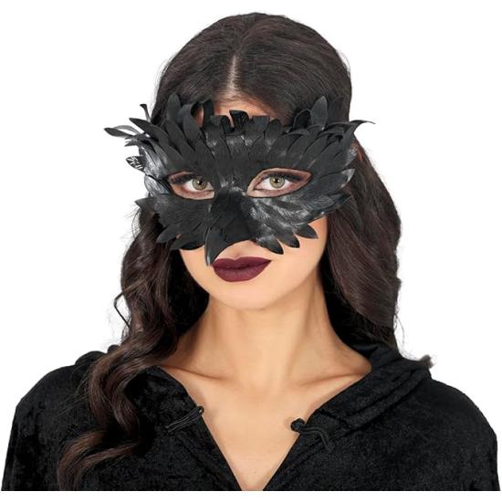 Antifaz de Plumas con Pico Negro Cuervo
