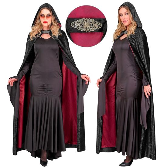 Capa con capucha terciopelo negro y forro rojo – 140 cm