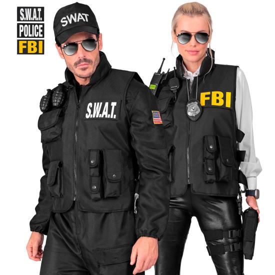 CHALECO TÁCTICO SWAT | FBI | POLICÍA" con 3 insignias extraíbles .