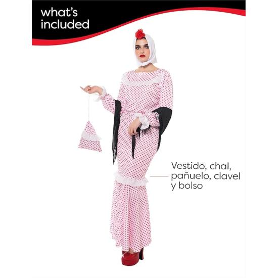 Disfraz Chulapa Deluxe mujer, Vestido, chal, pañuelo, clavel y bolso, Talla Estandard, Licencia Oficial para San Isidro, Chulapos, Chotis, Madrileño