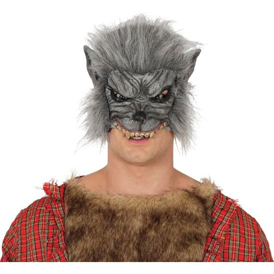Media máscara de hombre lobo con colmillos ensangrentados