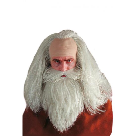 Peluca mago con bigote y gorro de látex en estuche