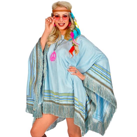 Poncho de Ante Azul con Flecos – Disfraz de India o Hippie Mujer
