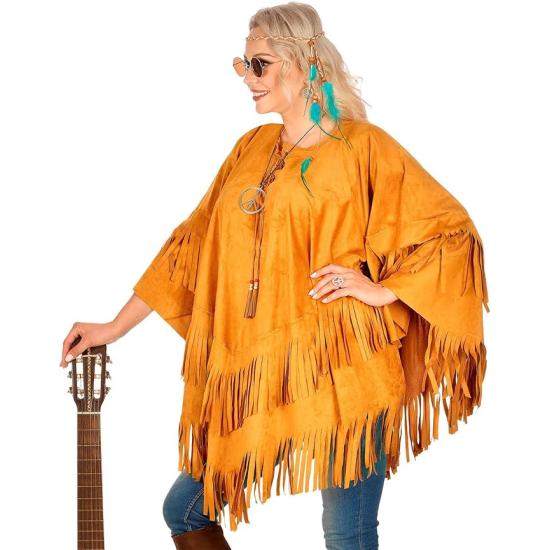 Poncho de Ante con Flecos – Disfraz Adulto Hippie, Indio, Reggae y Vaquero
